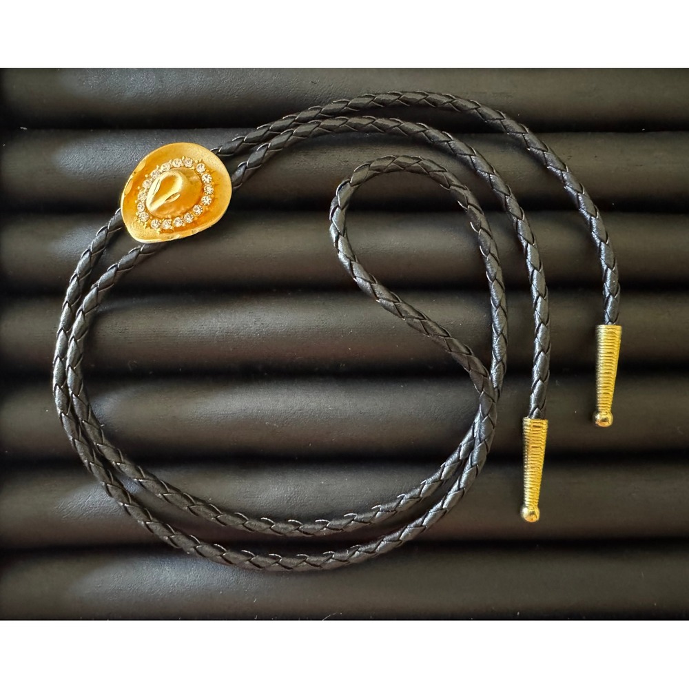 Gold Tone Cowboy Hat Rhinestone Bolo Tie Black Leather Cord Western Rodeo